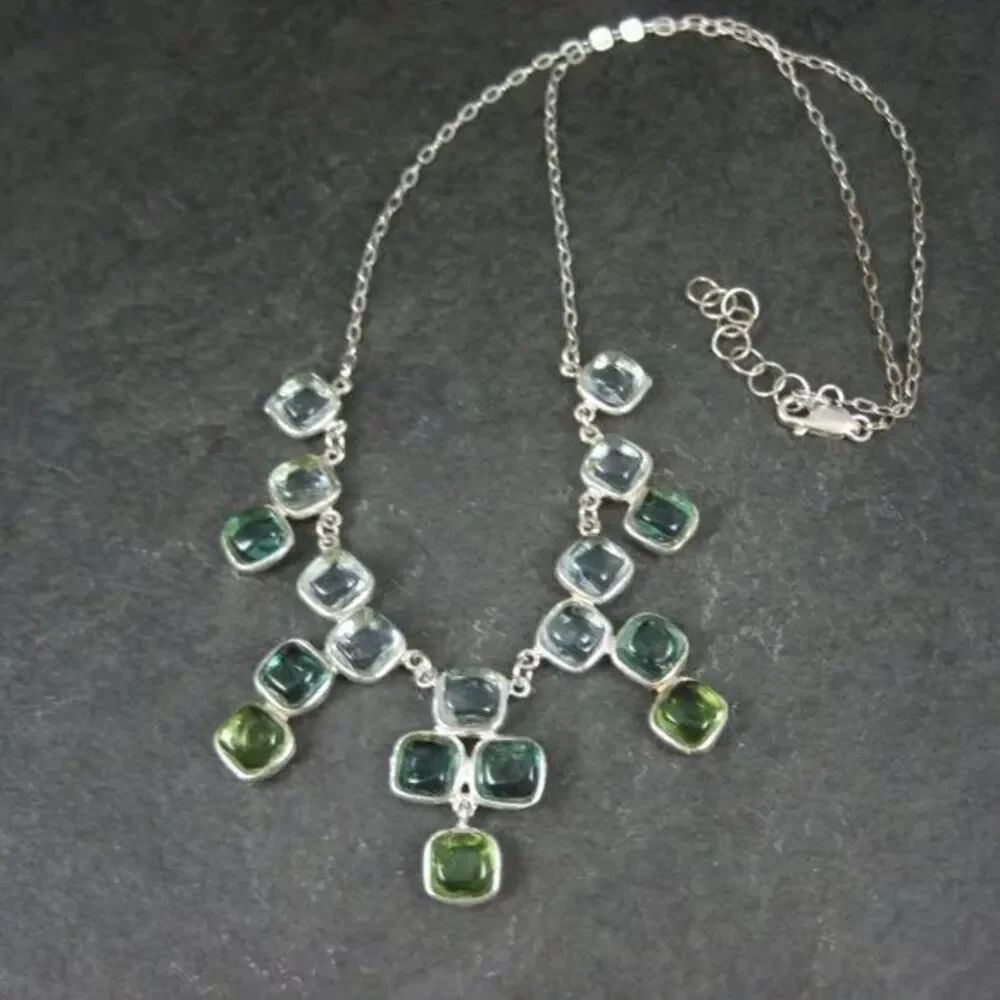 Designer Sterling Silver Necklace Blue Green Glass Stones New Michael Michaud